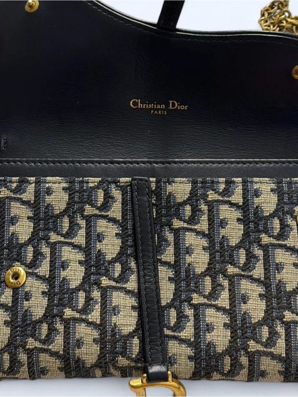 Authentic Dior Monogram Canvas Foldover Clutch in Beige/Black/Navy,Gold Hardware - Picture 2 of 8